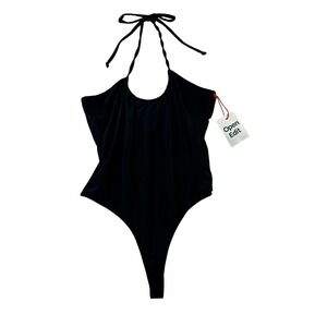 NWT Open Edit Black Halter Neck Ruched Bodysuit‎ Thong Layering Stretch Size S